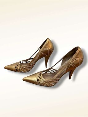 BCBG Gold Strappy Pointed Toe Heels